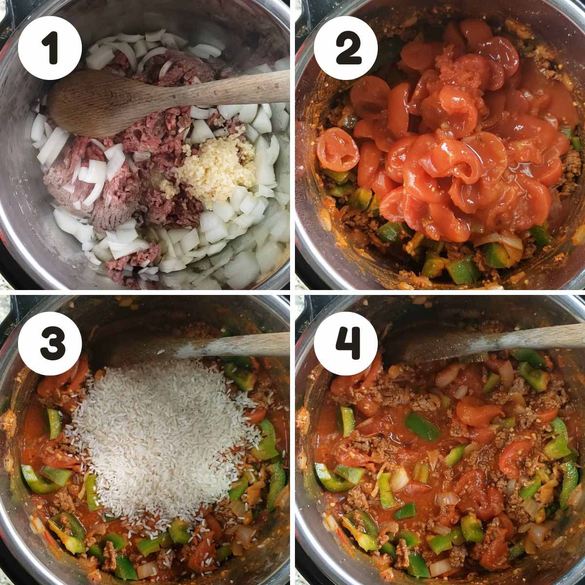 four image process making Instant Pot stuffed pepper soup.