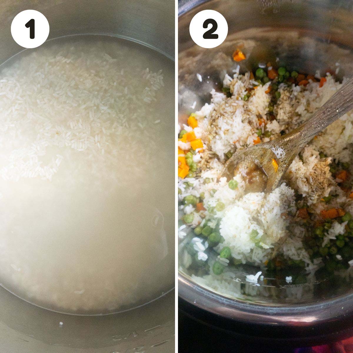 two image process making Instant Pot vegetable fried rice.