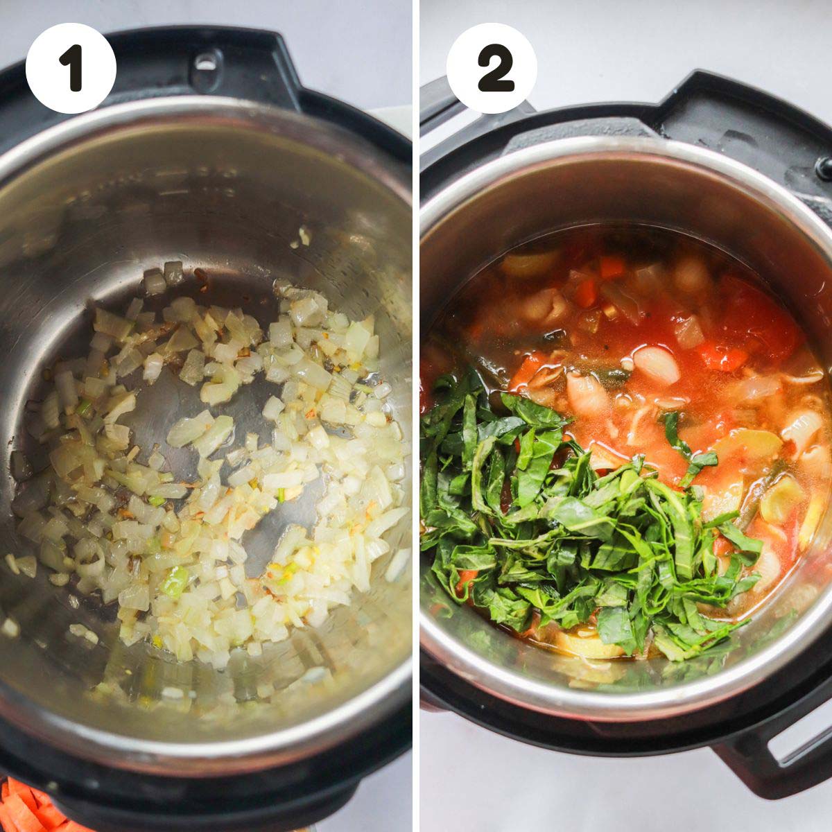 two image process making instant pot vegetable pasta soup.