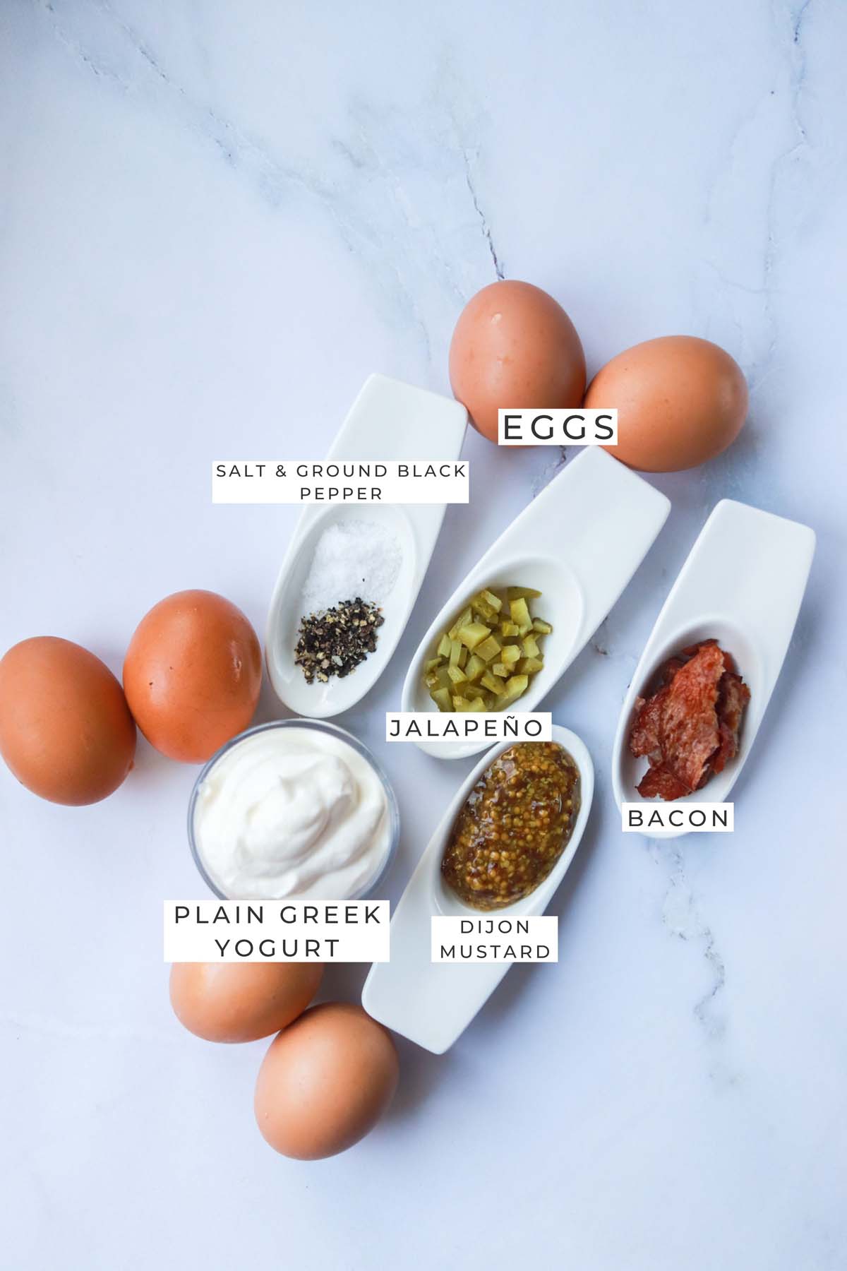 jalapeño and bacon deviled eggs labeled ingredients.