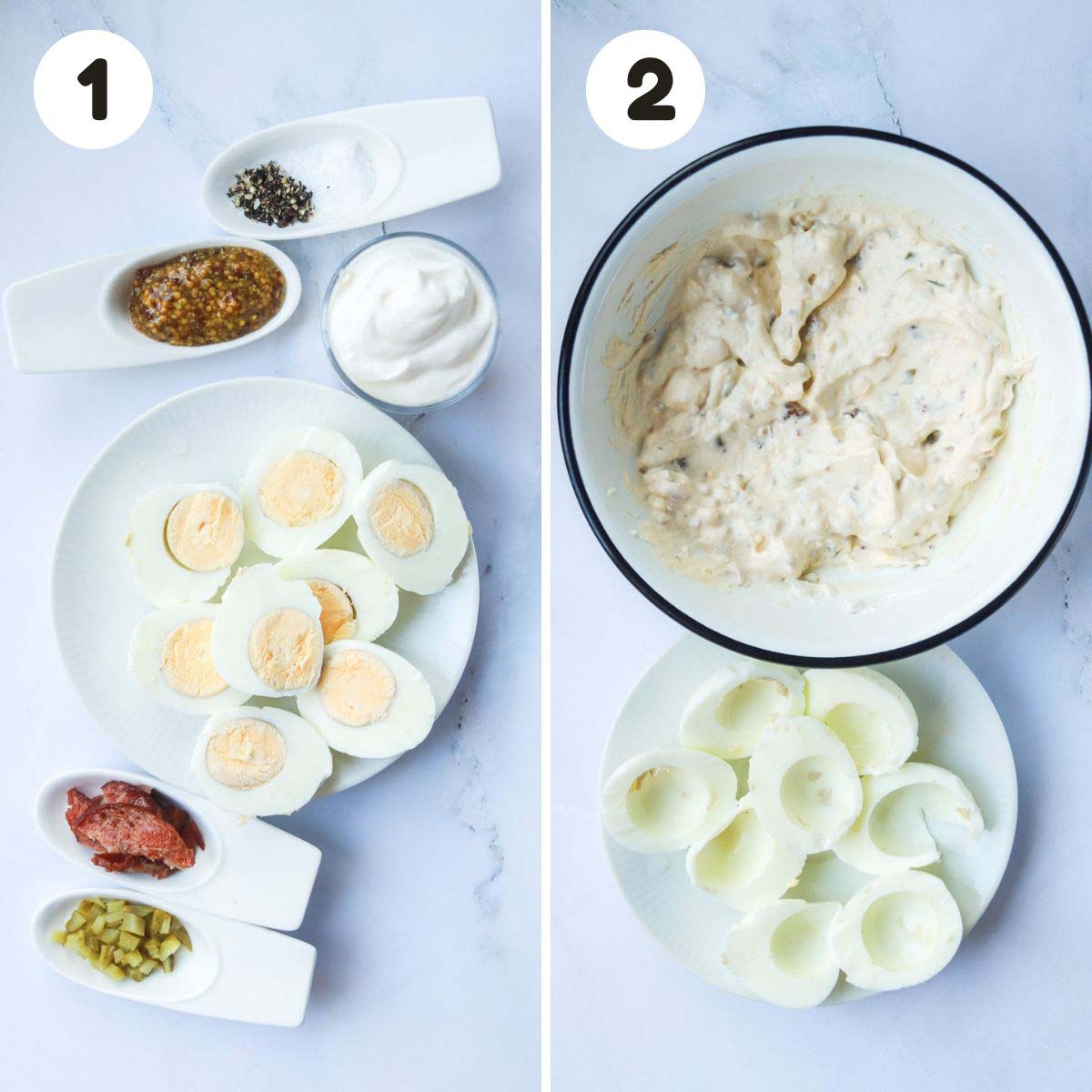 two image process making jalapeño and bacon deviled eggs.