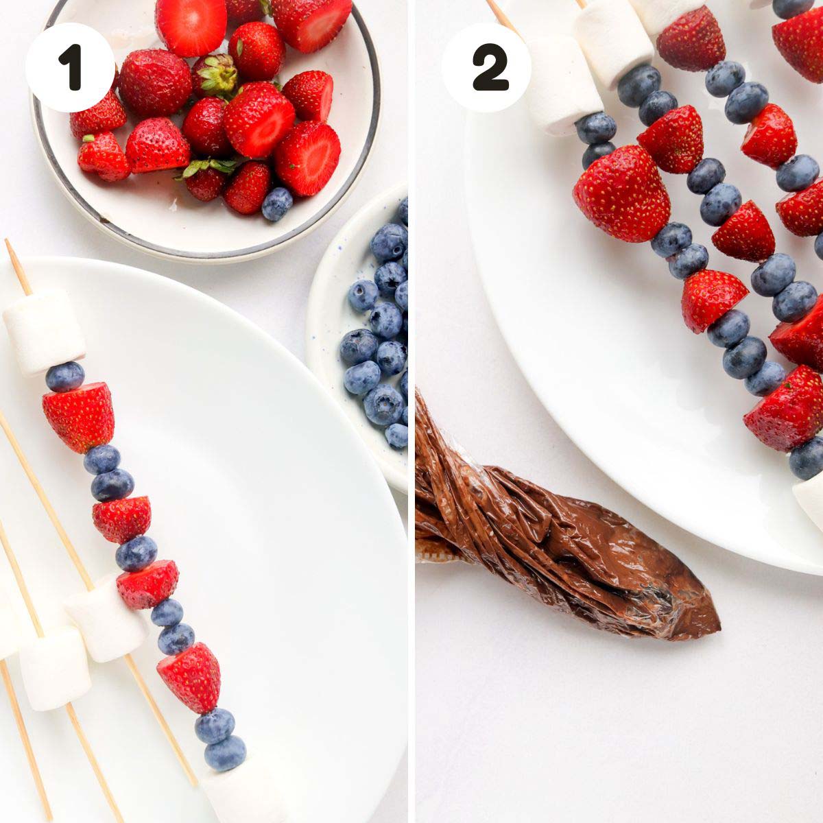 two image process making July 4th fruit kabobs.