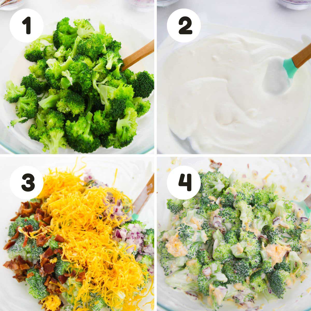 four image process making broccoli salad.