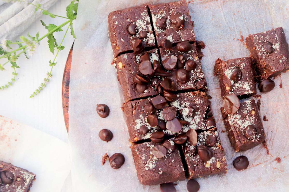top view of sliced cookie bars on parchment paper.
