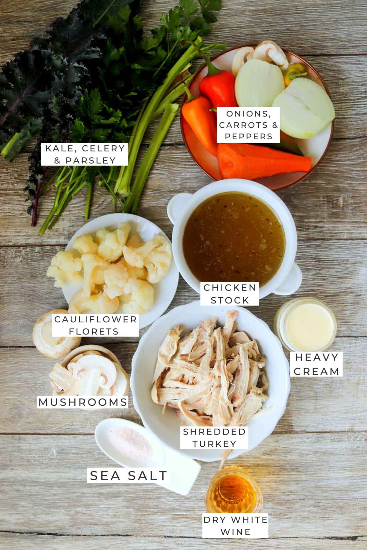 Labeled ingredients for the soup.