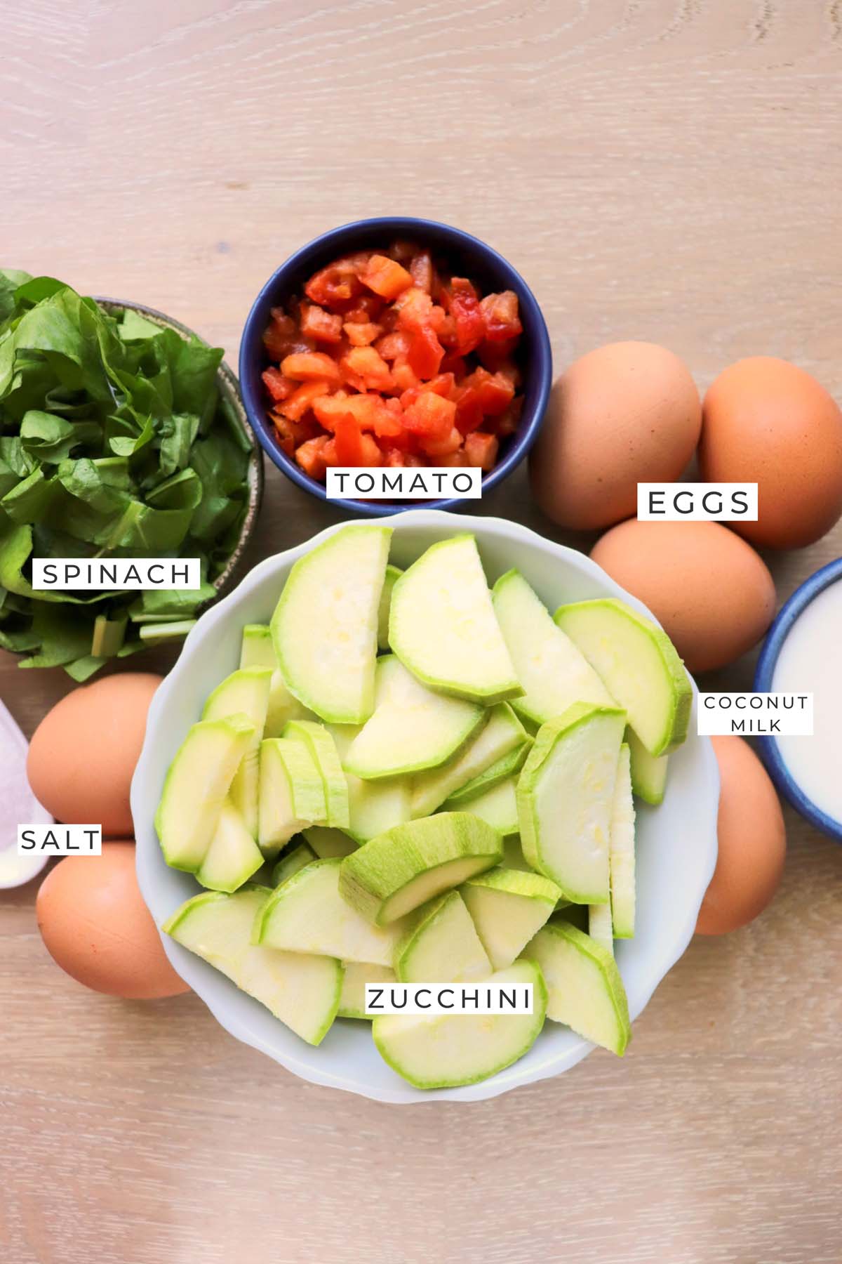 Labeled ingredients for the egg bake.