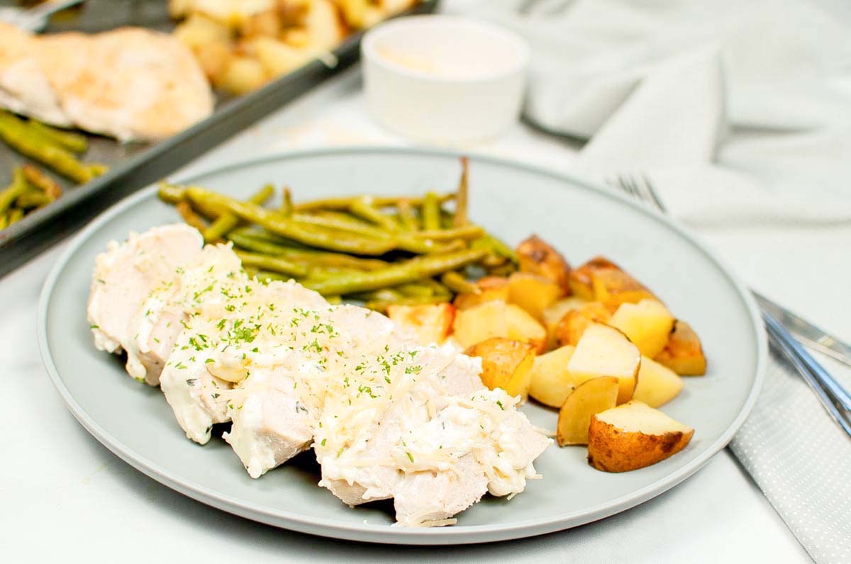 Sliced chicken, potatoes and green beans on a plate.