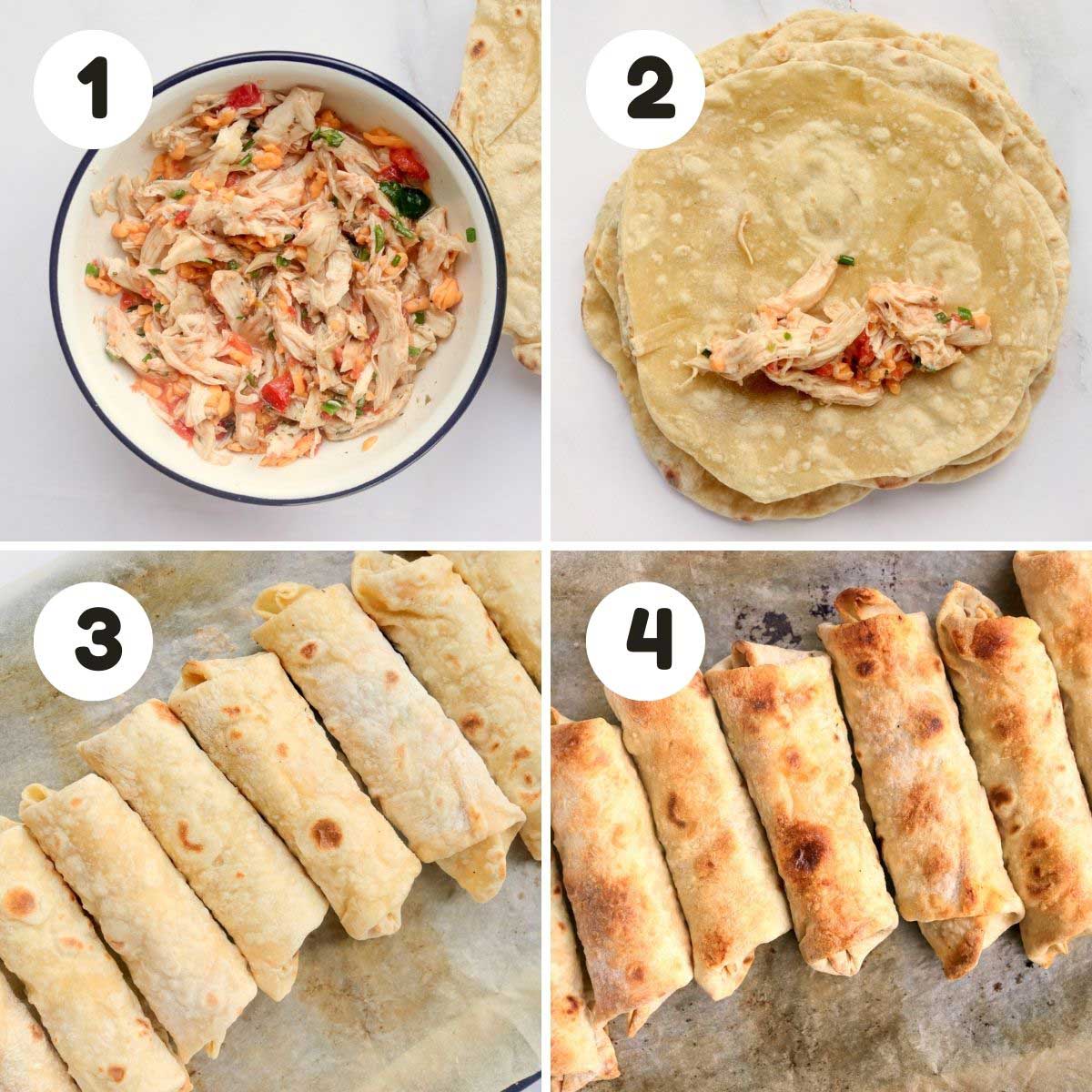 four image process making oven baked chimichangas.