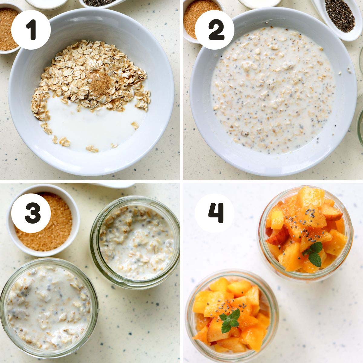 four image process making overnight oats with peaches.