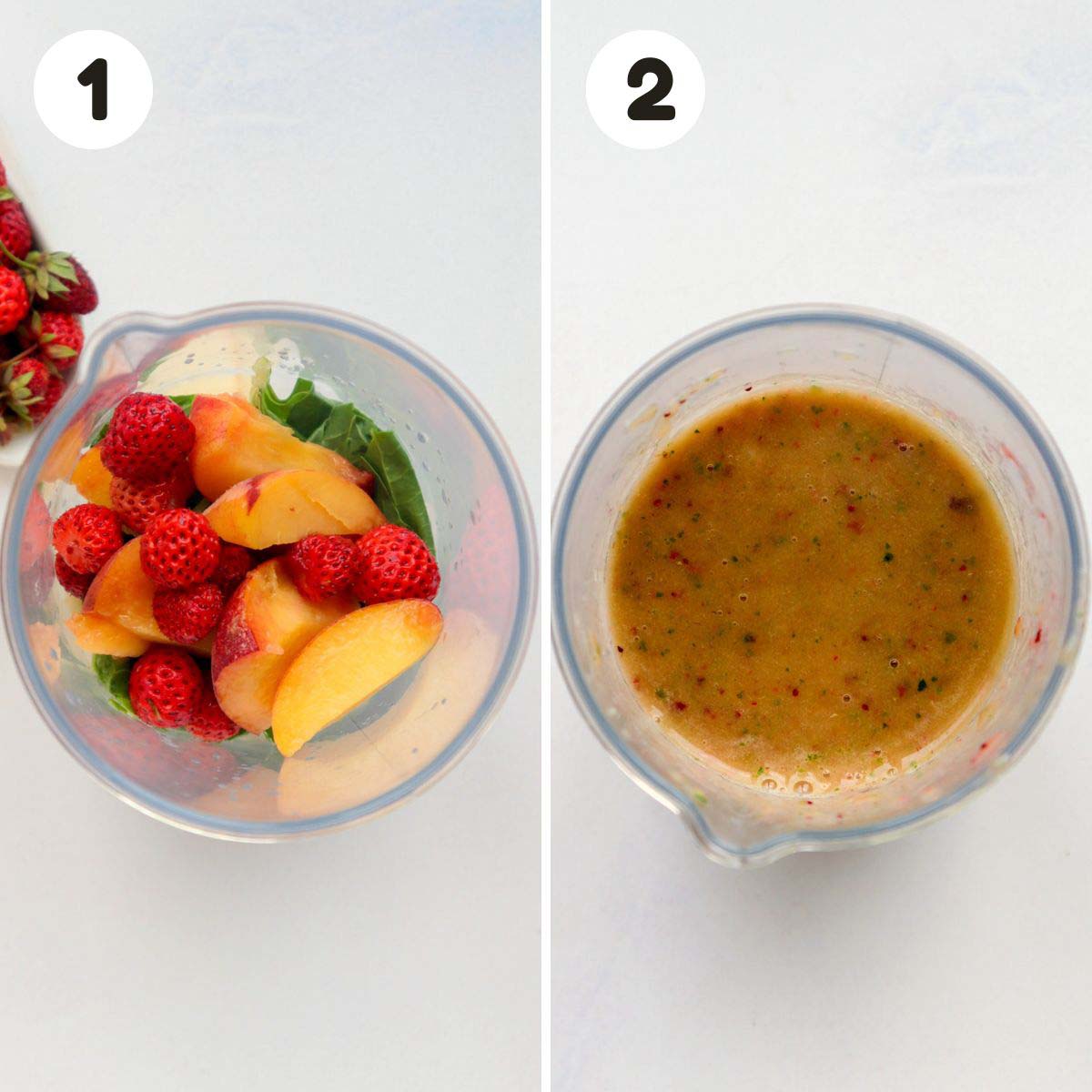 two image process making peachy berry smoothie.