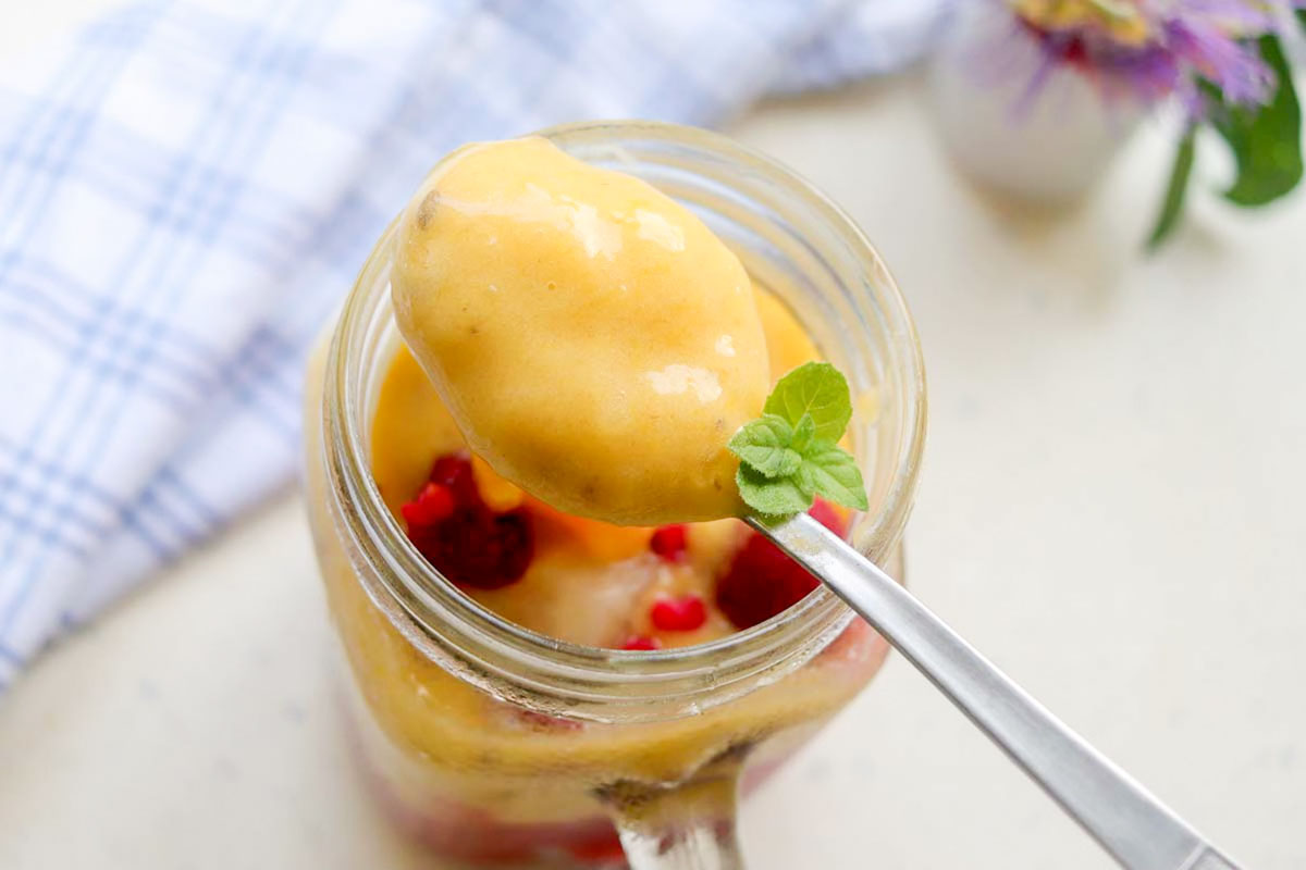 Smoothie scooped on a spoon.