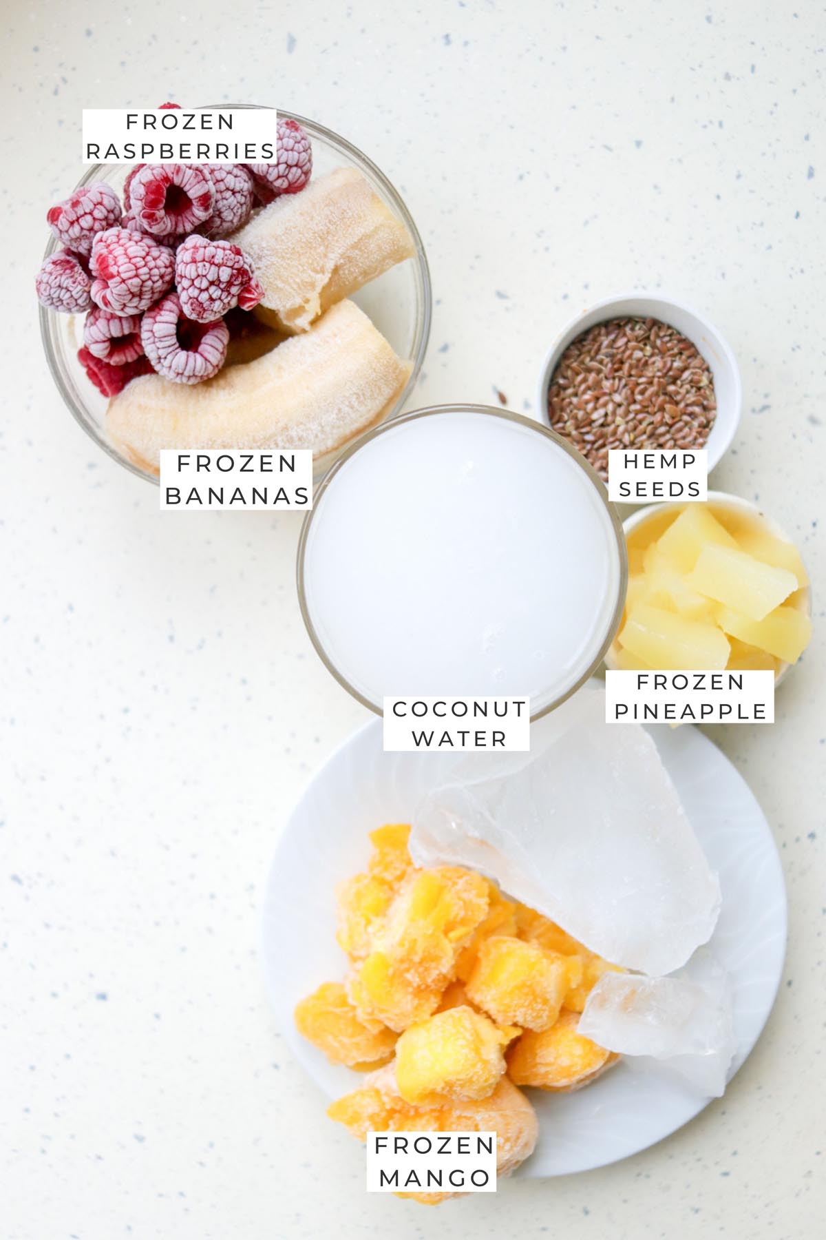 Labeled ingredients for the smoothie.