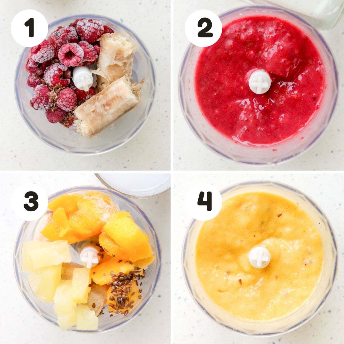 four image process making pineapple raspberry smoothie.