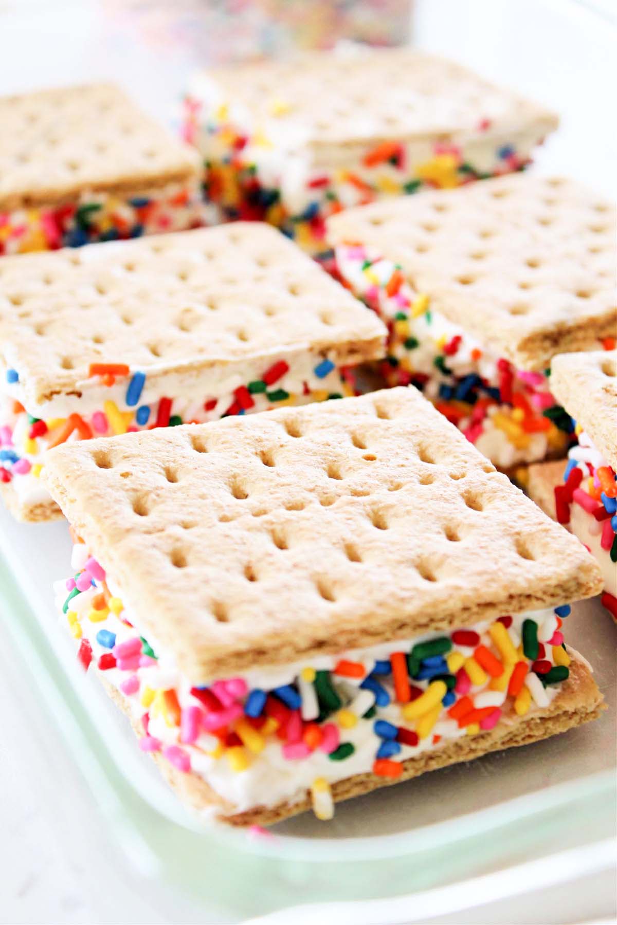 Graham cracker sandwiches lined up on a plate.