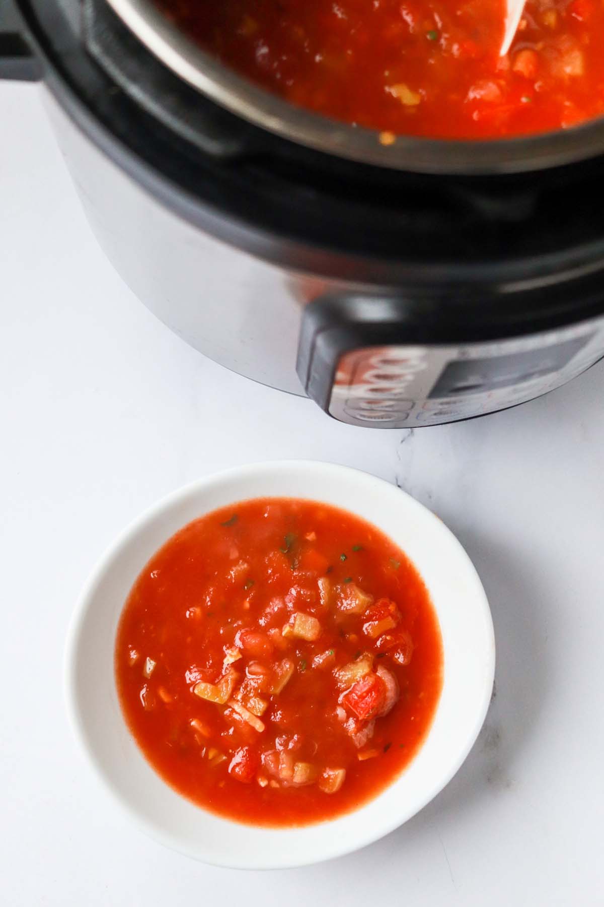 Salsa in a bowl next to the Instant Pot.