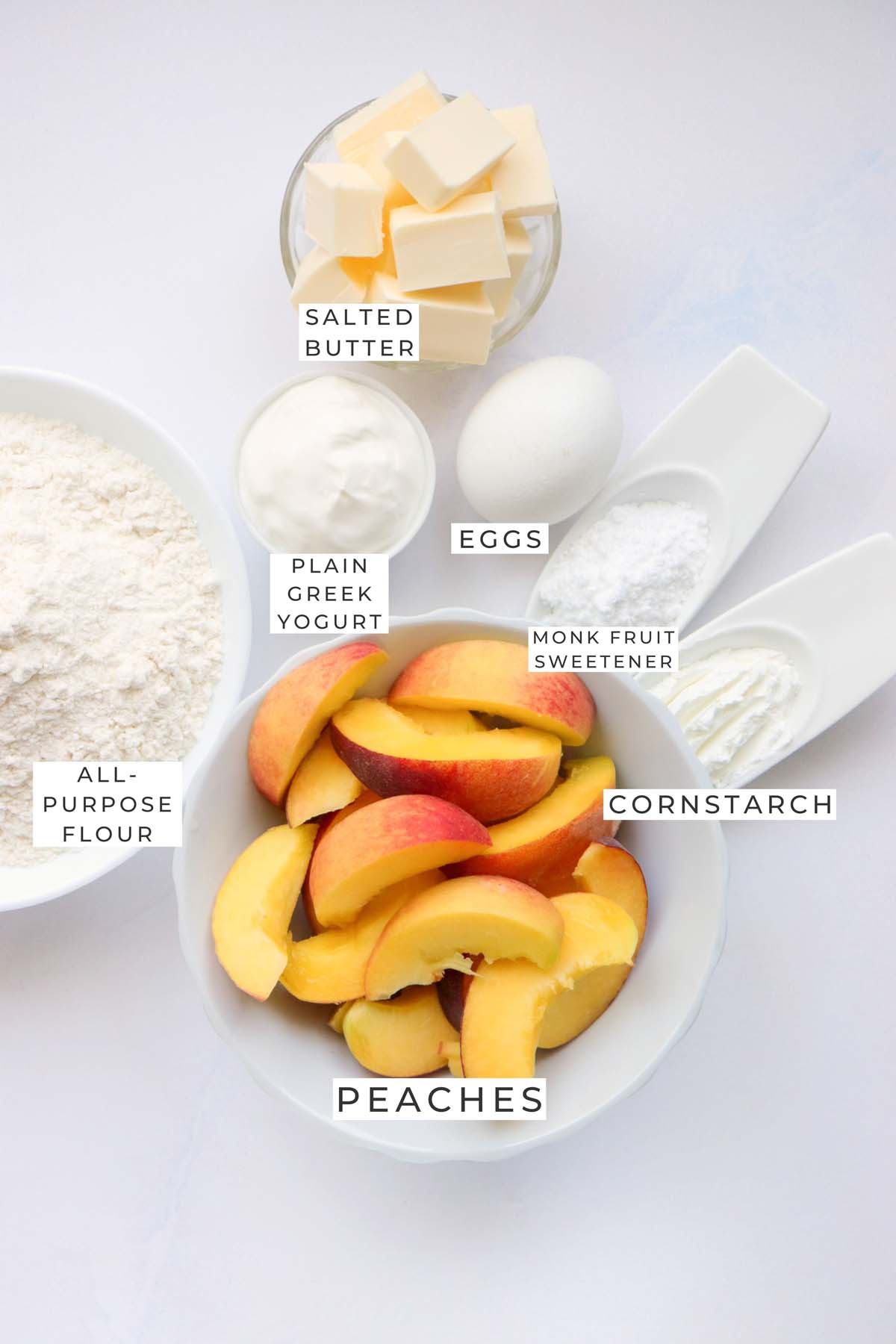 rustic peach galette labeled ingredients.