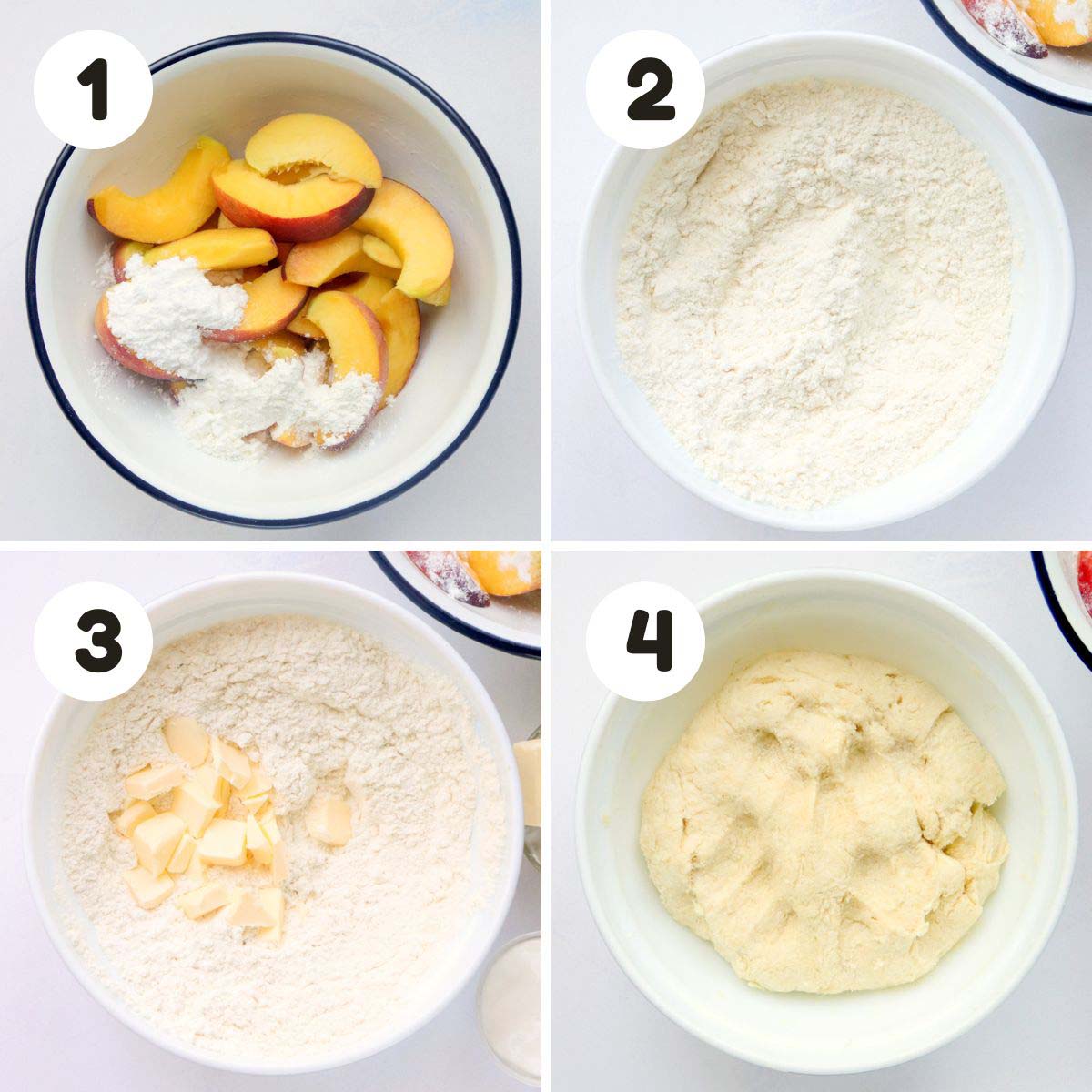 four image process making rustic peach galette.