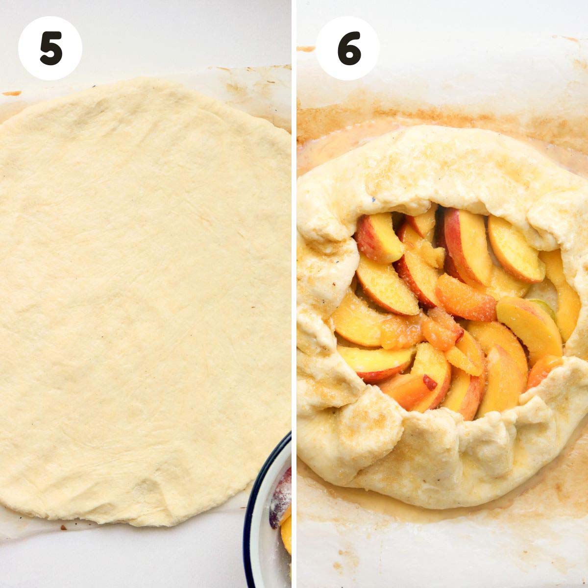 two image process making rustic peach galette.