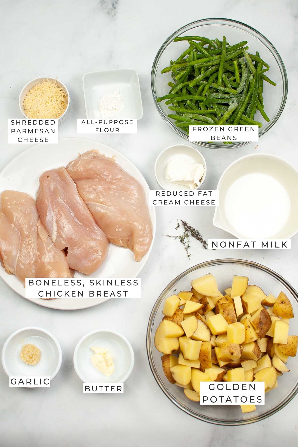 sheet pan boneless chicken breast and potatoes labeled ingredients.