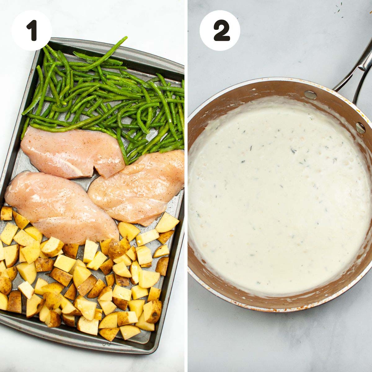 two image process making sheet pan boneless chicken breast and potatoes.