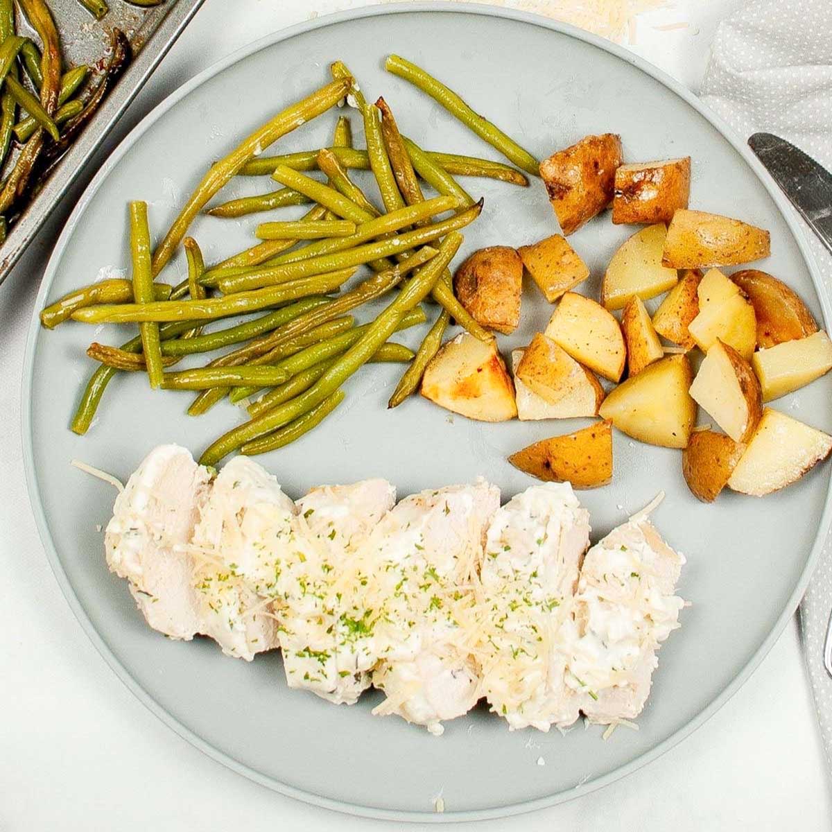sheet pan boneless chicken breast and potatoes thumbnail picture.