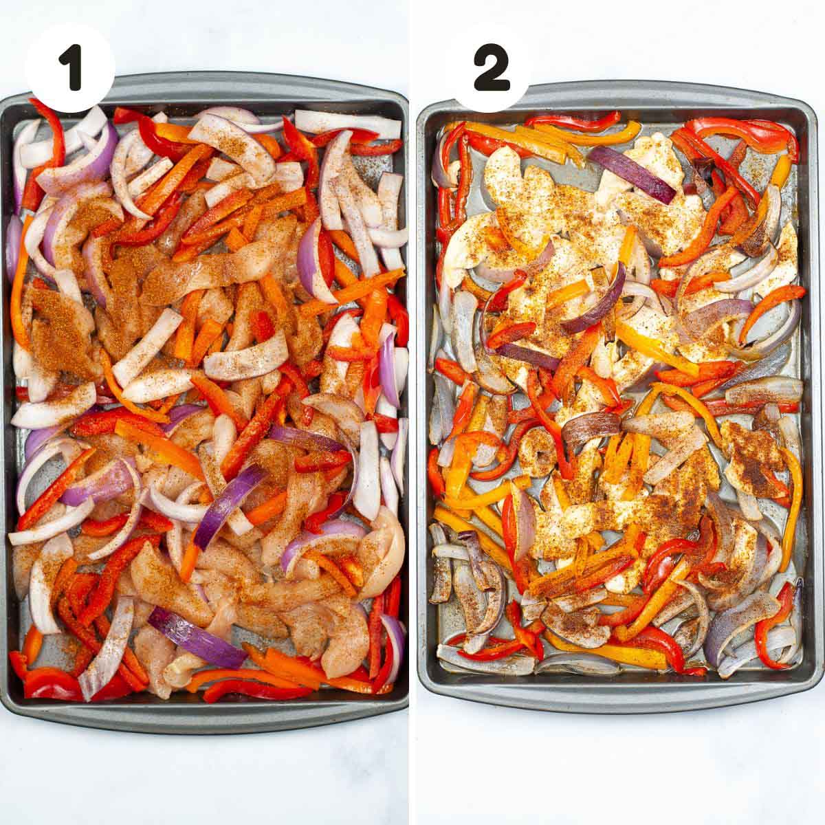 two image process making sheet pan chicken fajitas.