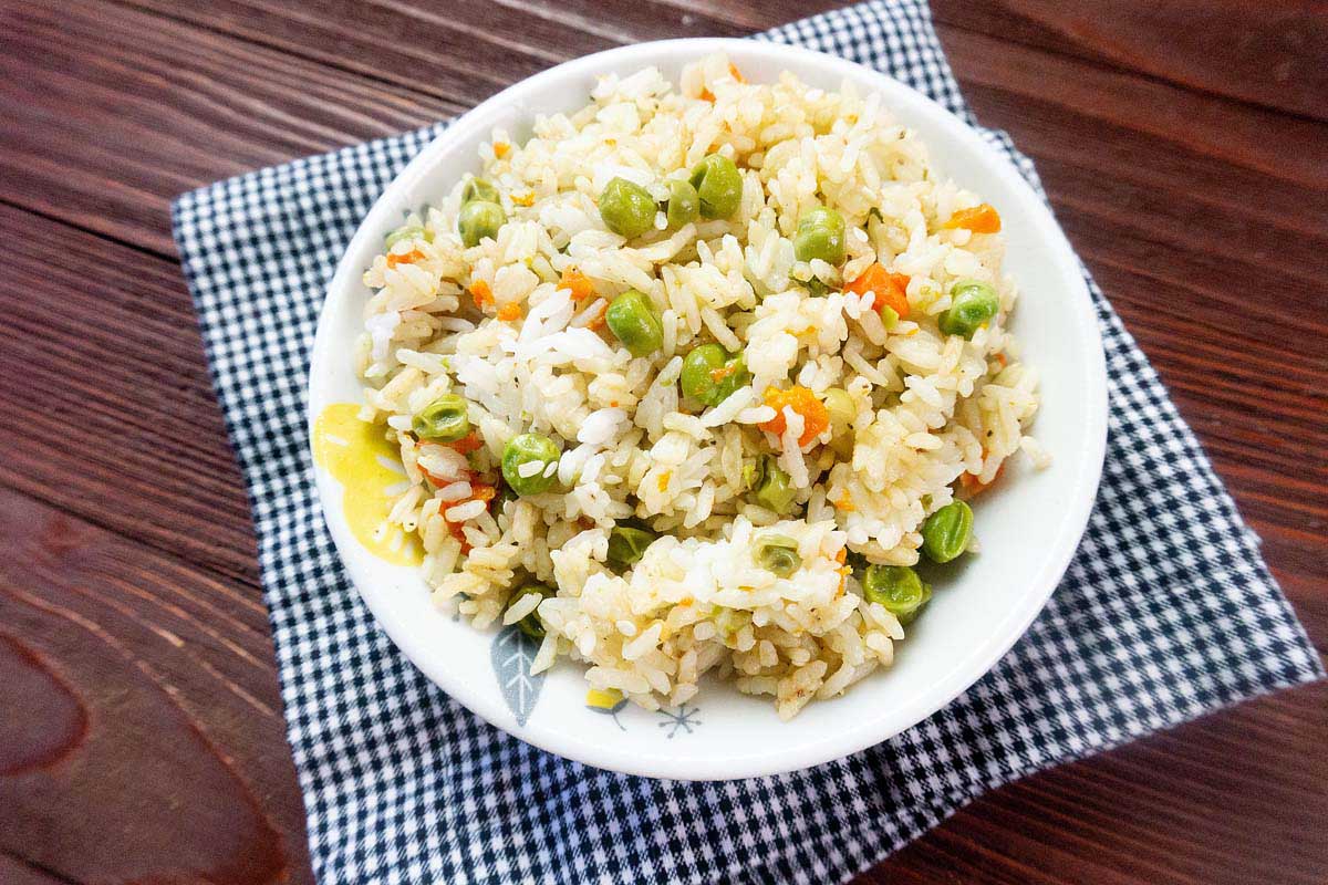fried rice in a white bowl.