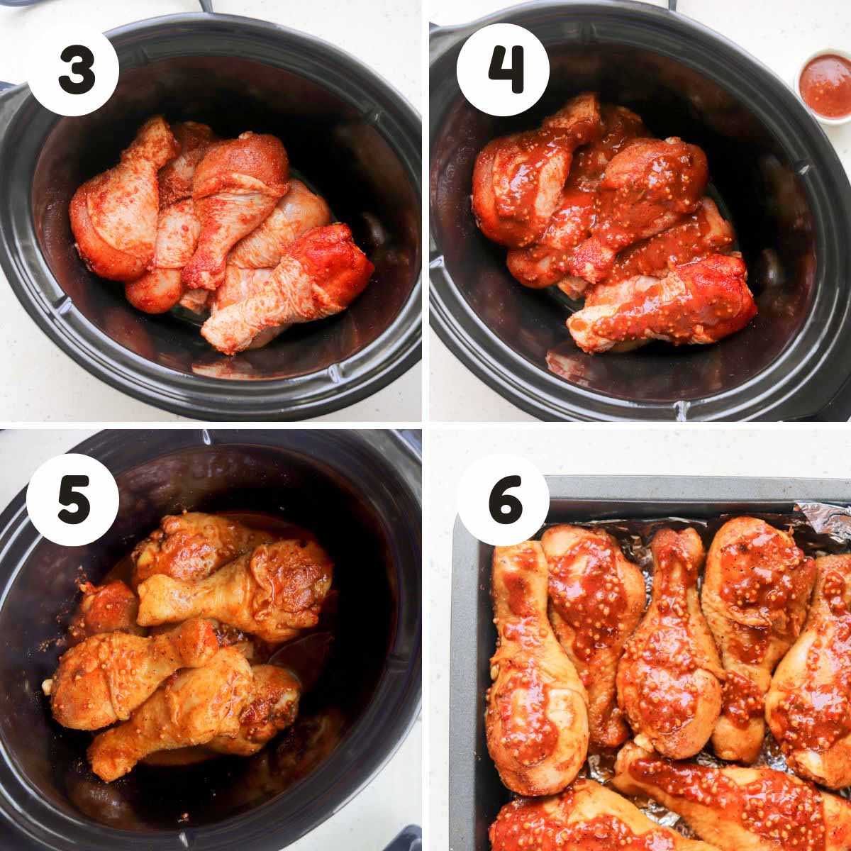 four image process making slow cooker bbq chicken drumsticks.