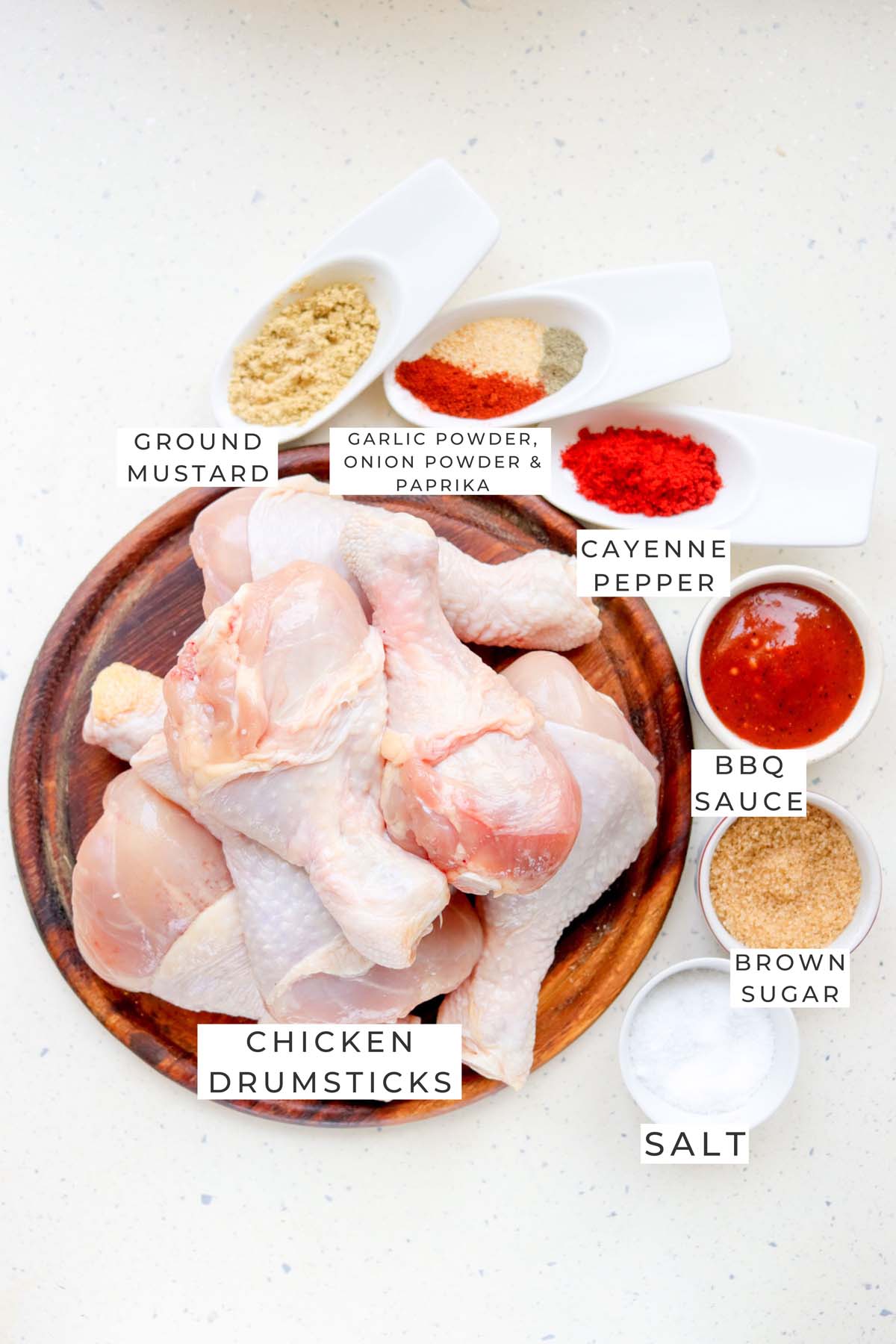 Labeled ingredients for the drumsticks.