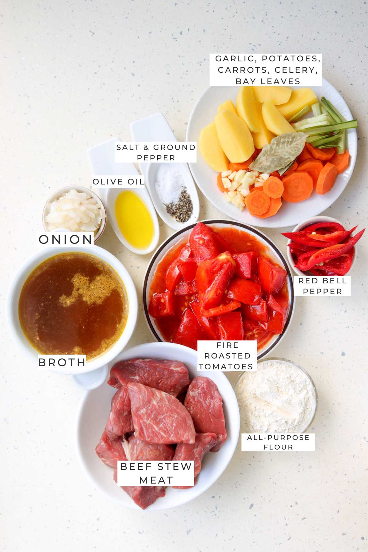 Labeled ingredients for the beef stew.