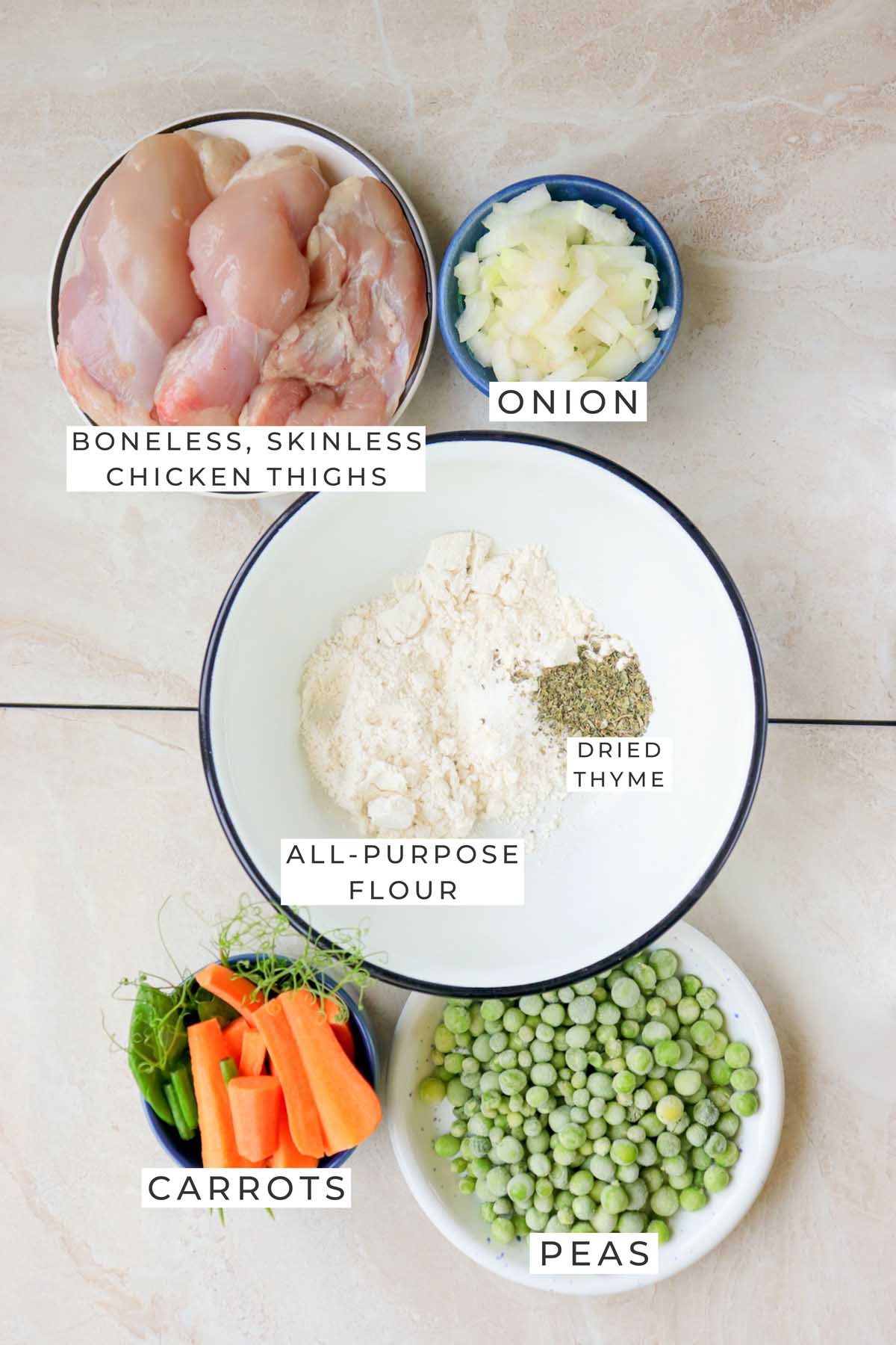 Labeled ingredients for the chicken stew.