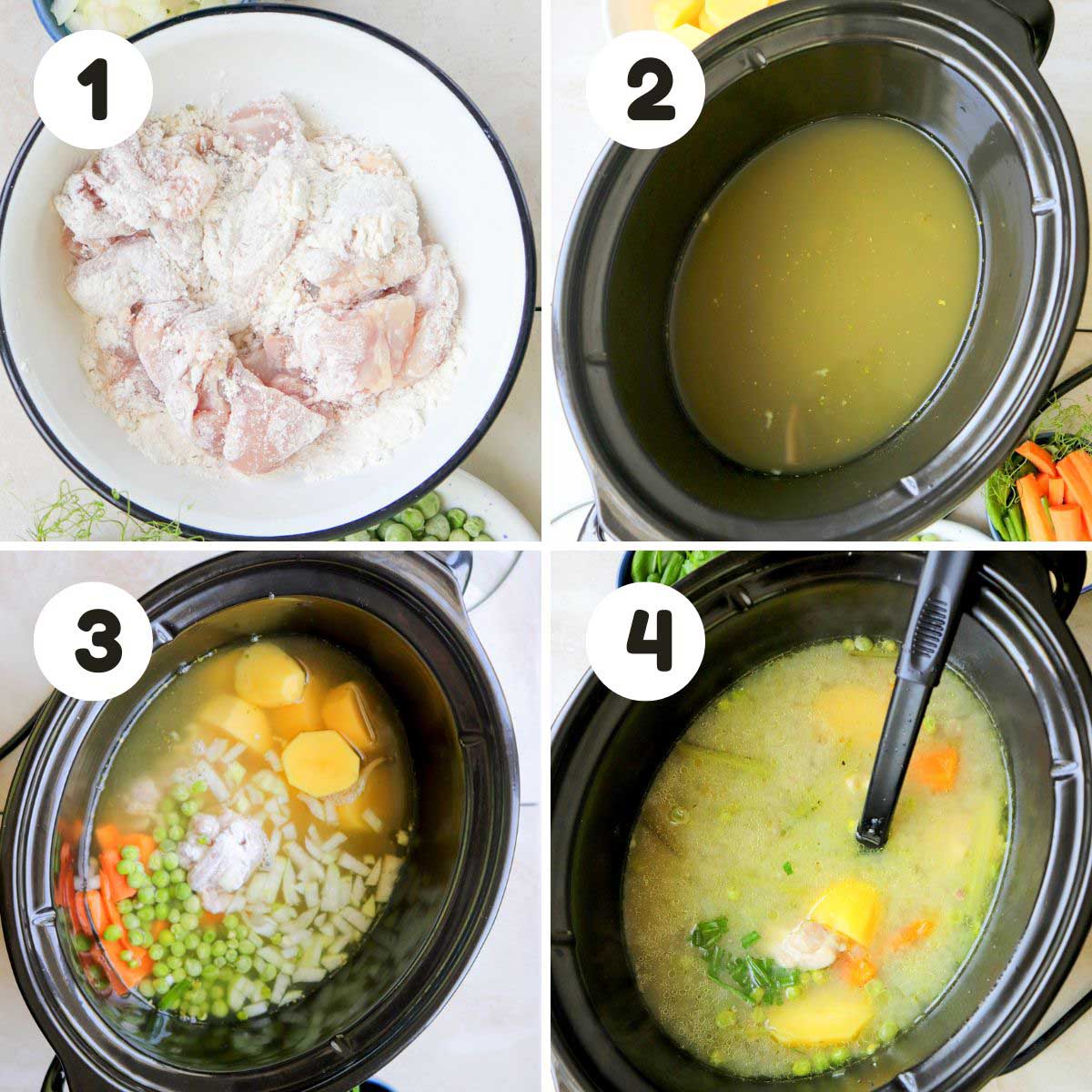 four image process making slow cooker chicken stew.