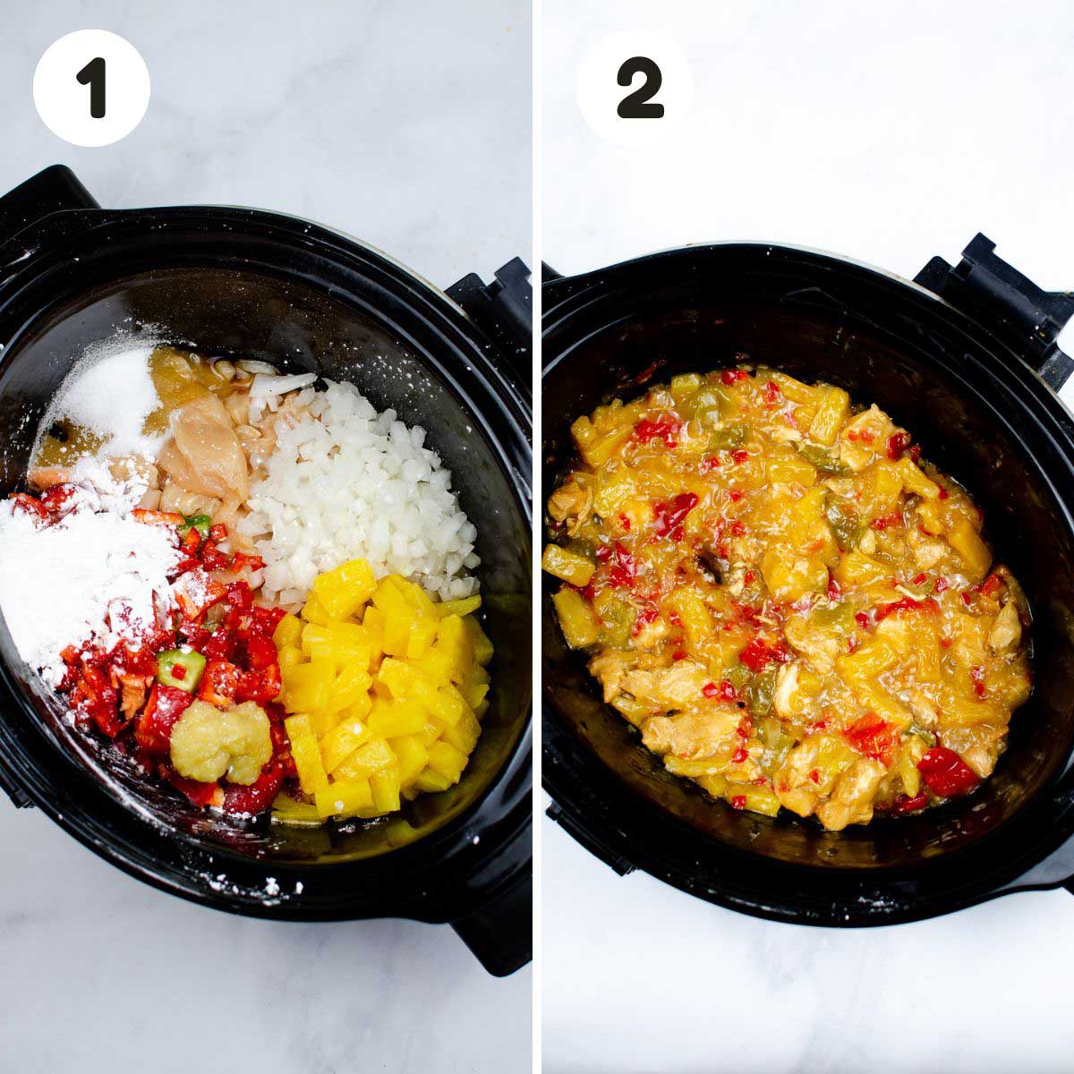 two image process making slow cooker sweet and sour chicken.