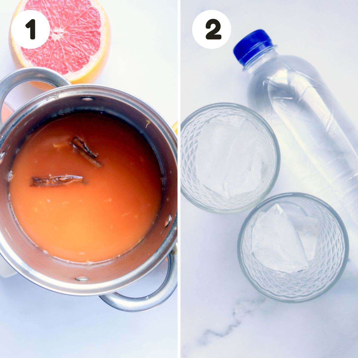 two image process making sparkling citrus punch with cinnamon.