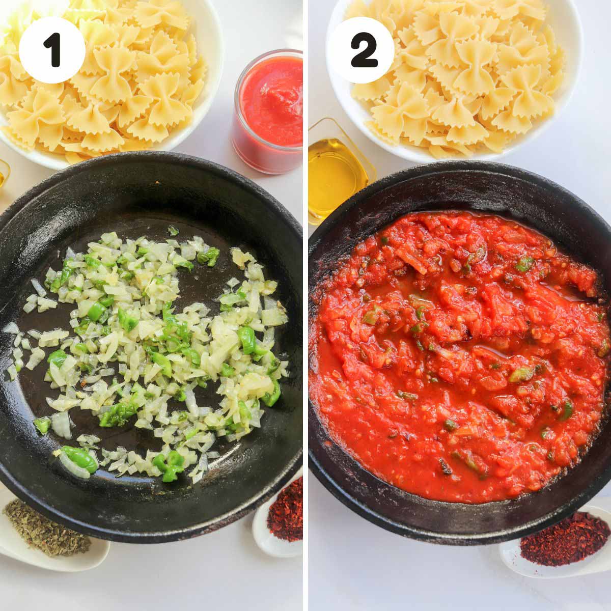 two image process making spicy marinara sauce.