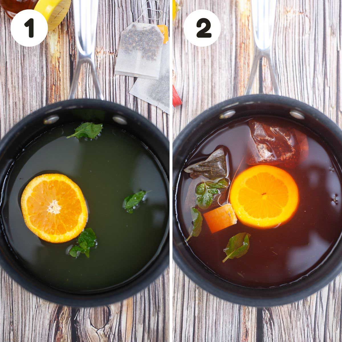 two image process making medicine ball tea.