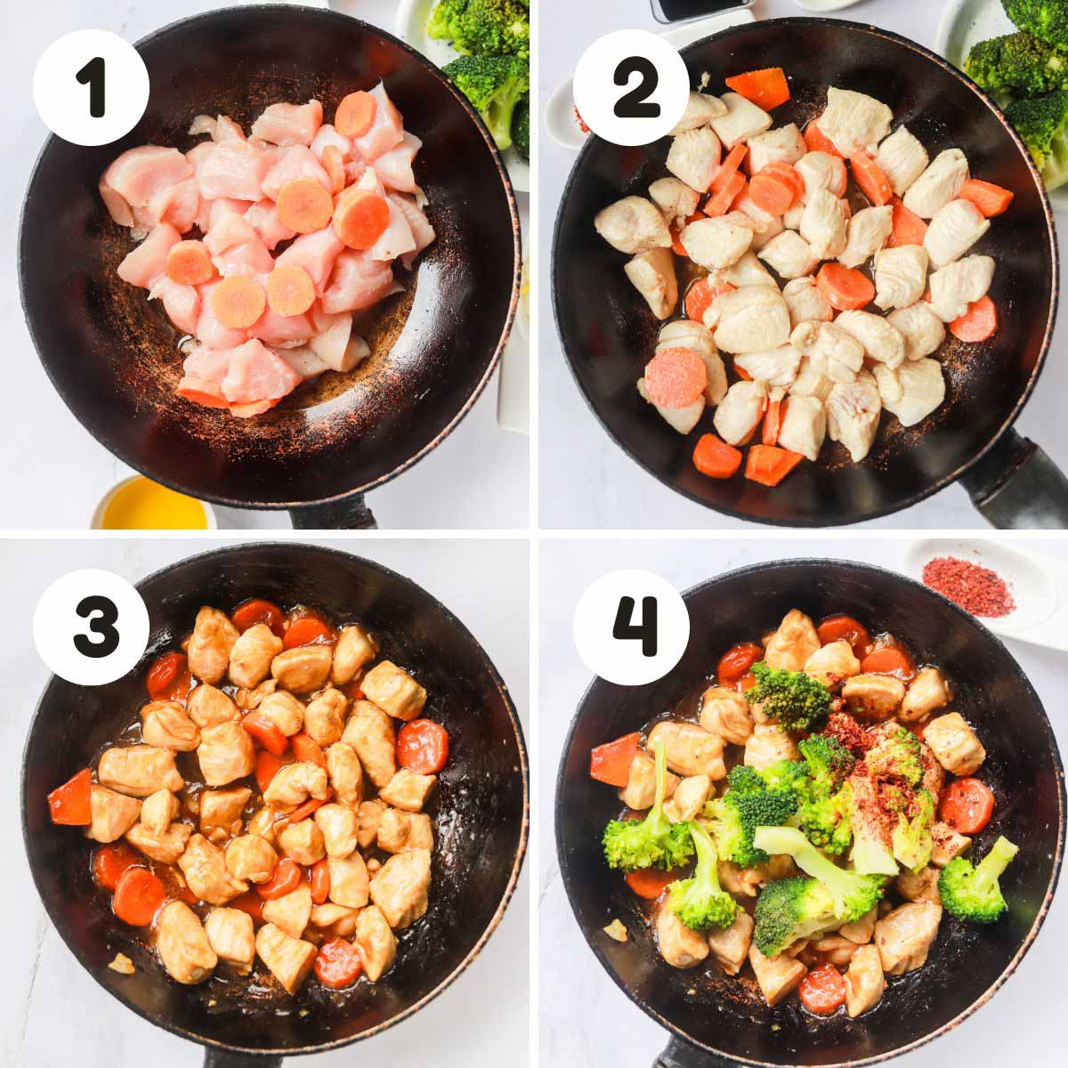 four image process making teriyaki chicken with vegetables.