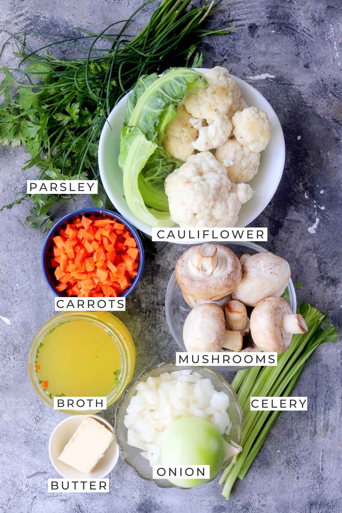 Labeled ingredients for the stuffing.