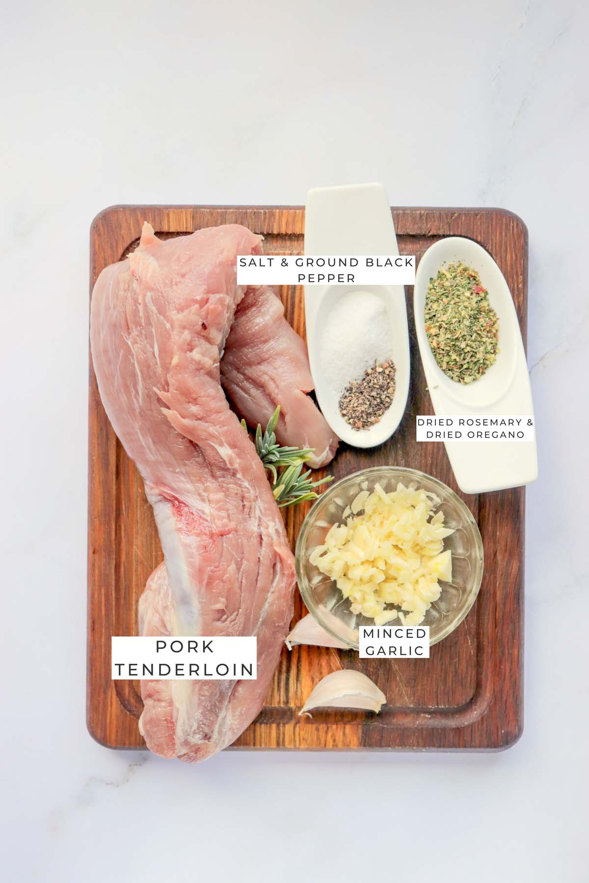 Labeled ingredients for the pork tenderloin.