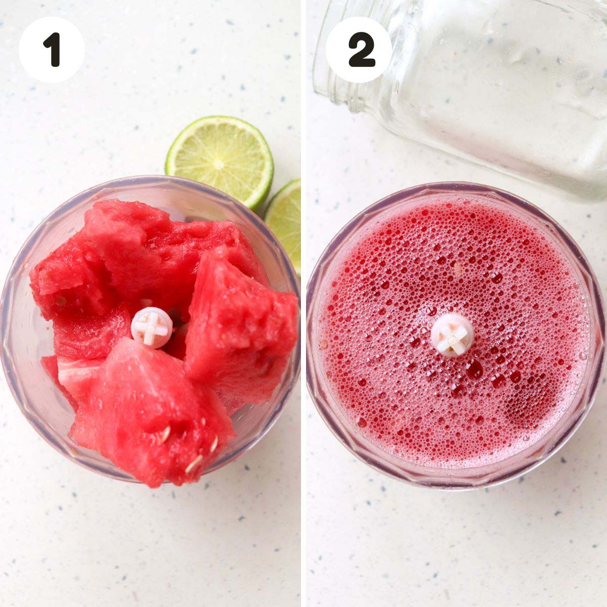 two image process making watermelon lime slushies.
