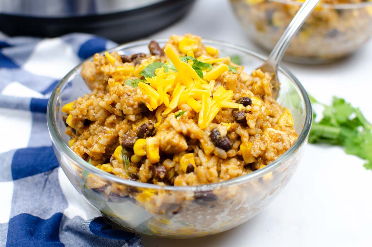 Chicken and rice in a bowl with a fork.