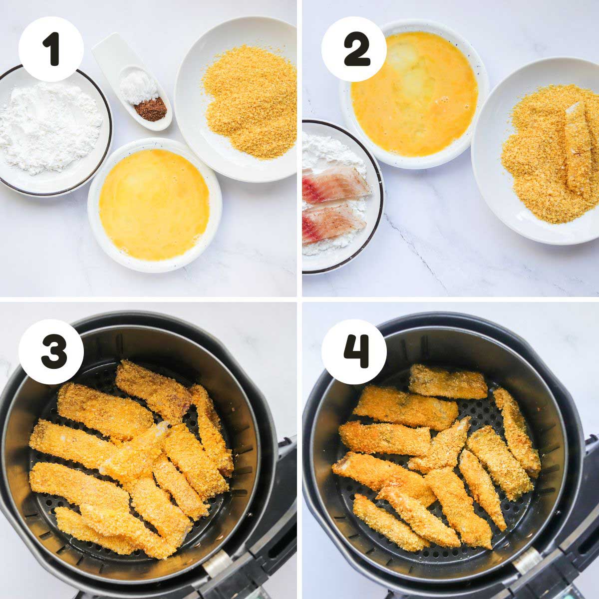four image process making air fryer fish and chips.