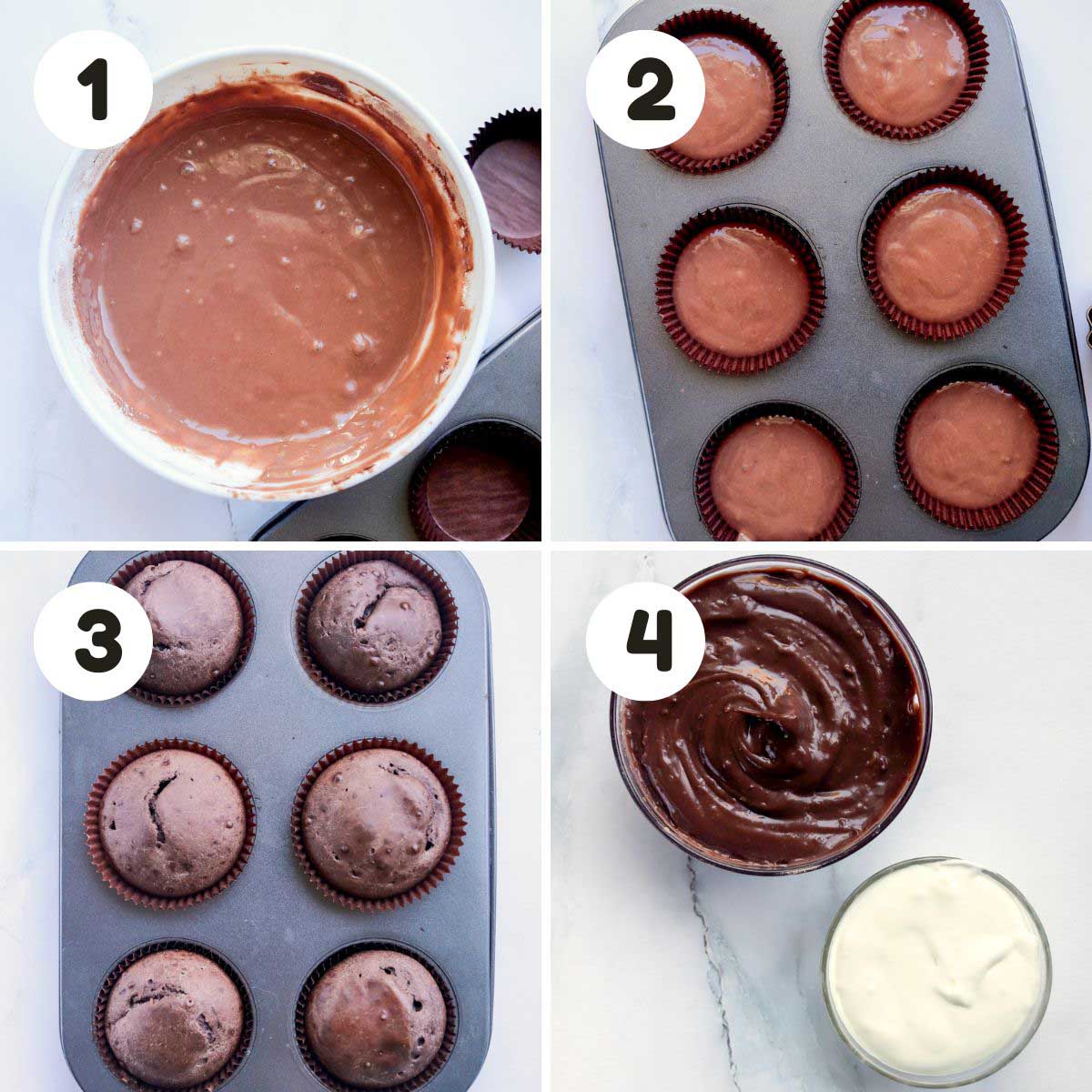four image process making chocolate cupcakes.