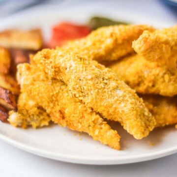 air fried fish on a white plate.