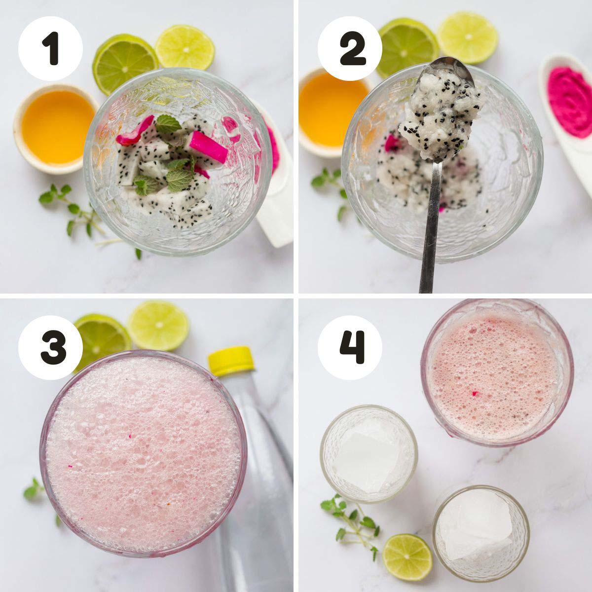 four image process making dragon fruit mojito mocktails.