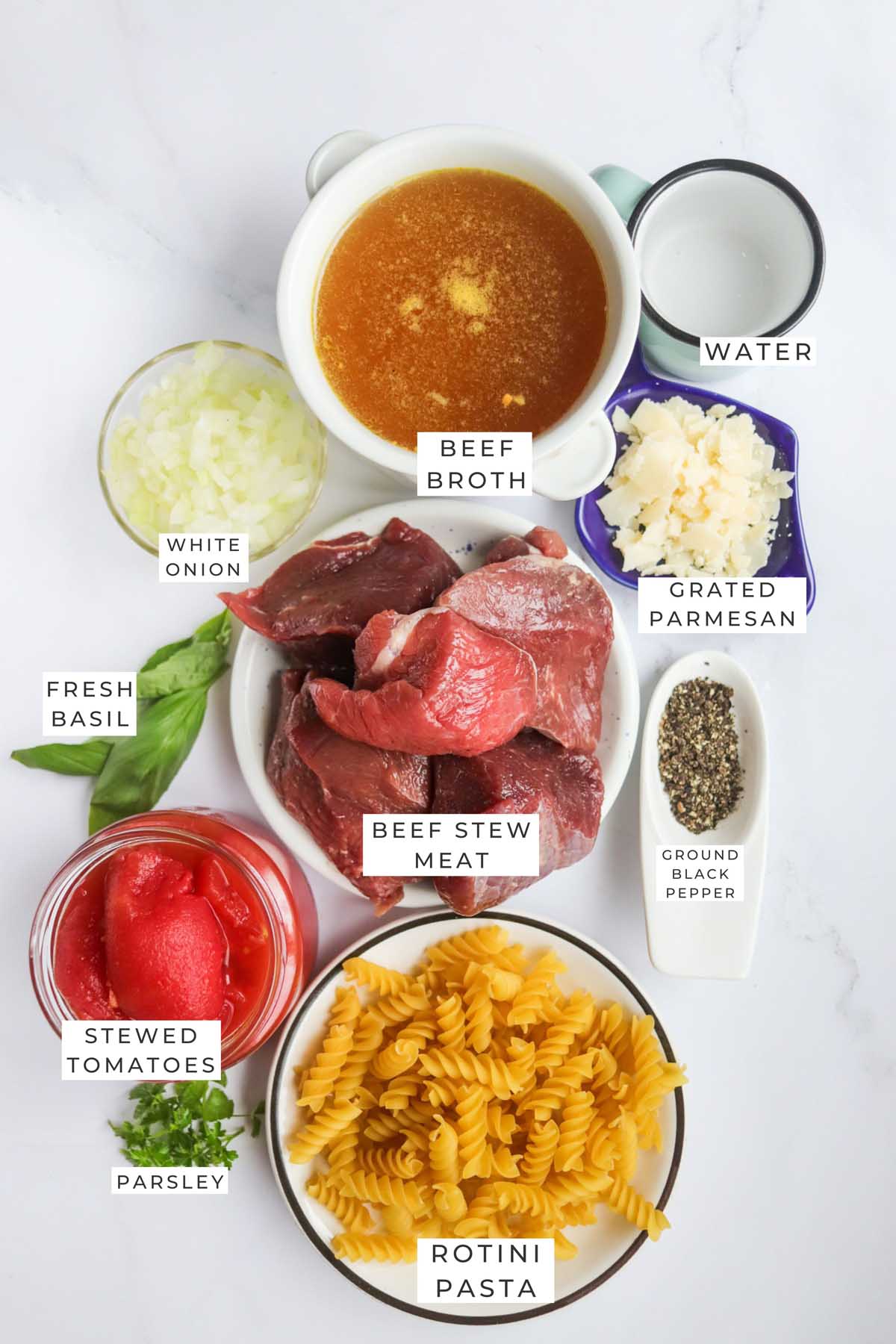 Labeled ingredients for the beef and noodles.