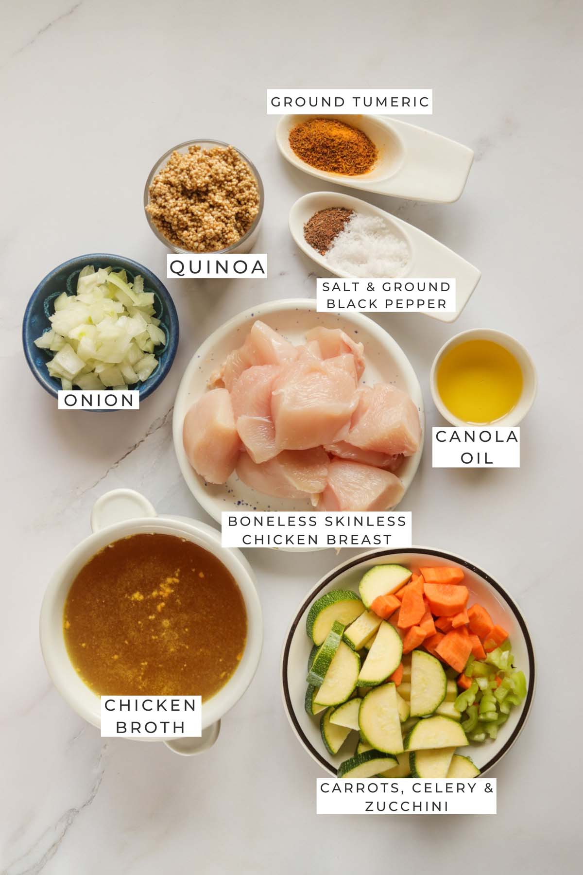Instant Pot chicken quinoa soup labeled ingredients.