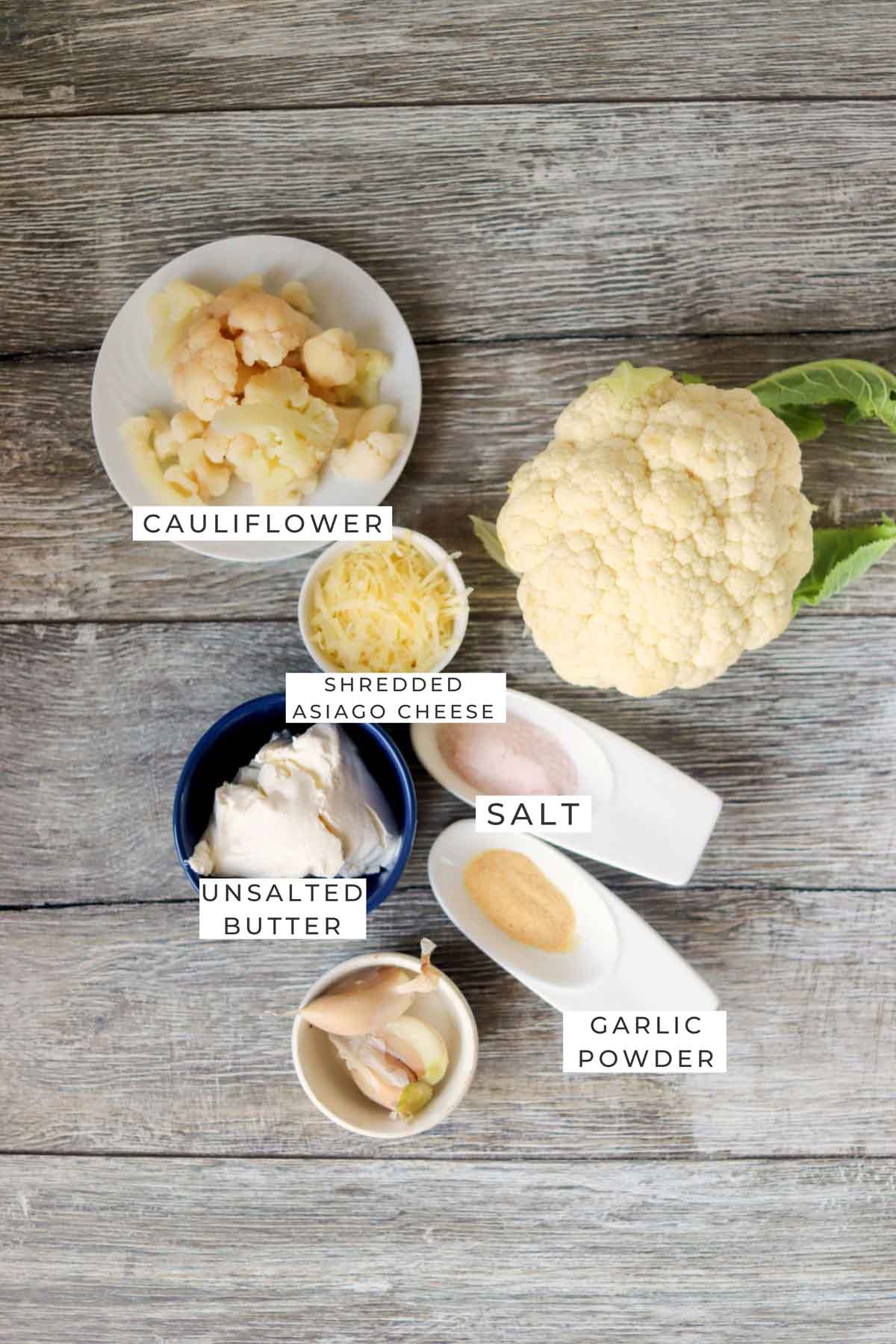 Labeled ingredients for the mashed cauliflower.