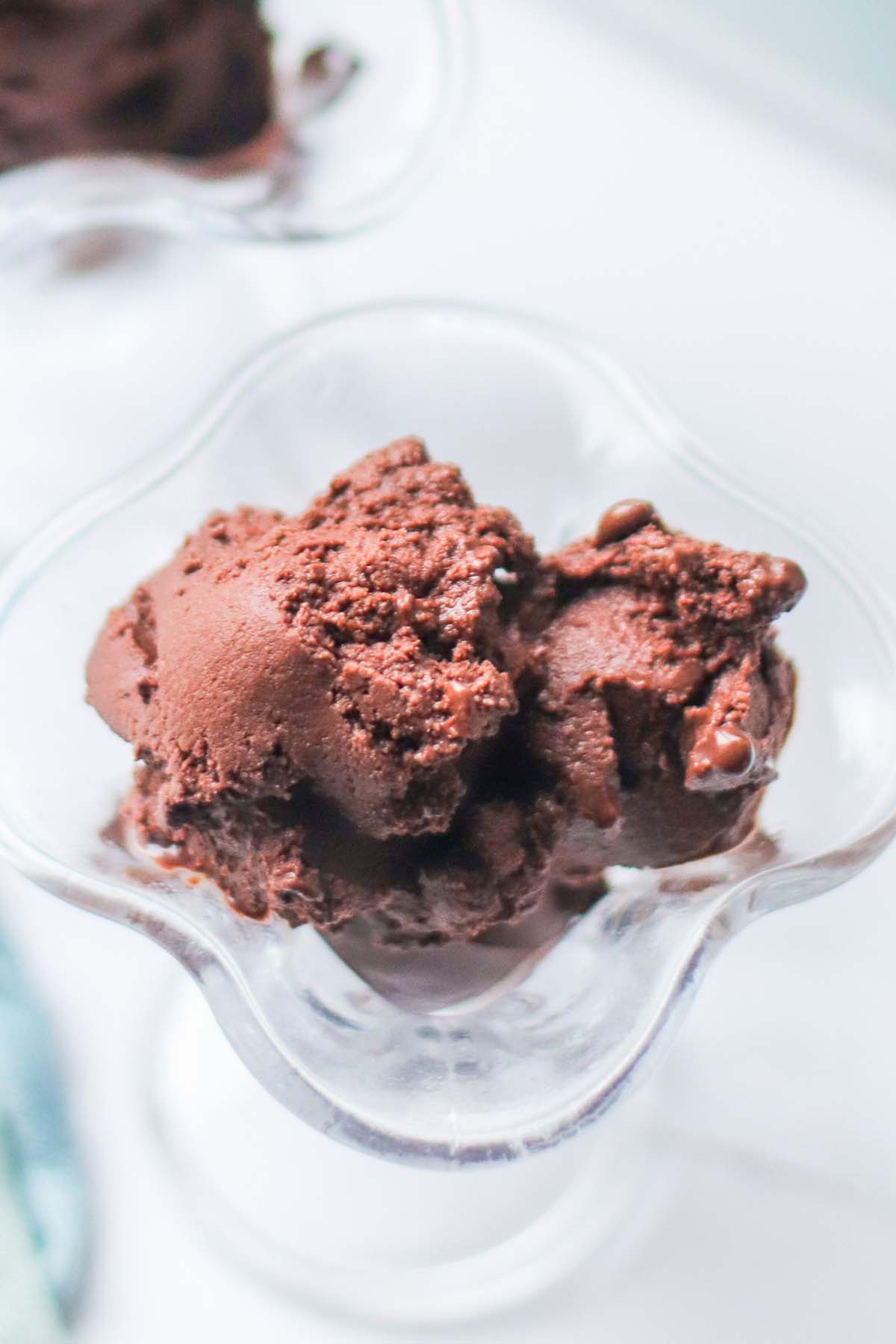 Chocolate sorbet scoops in a glass dish.