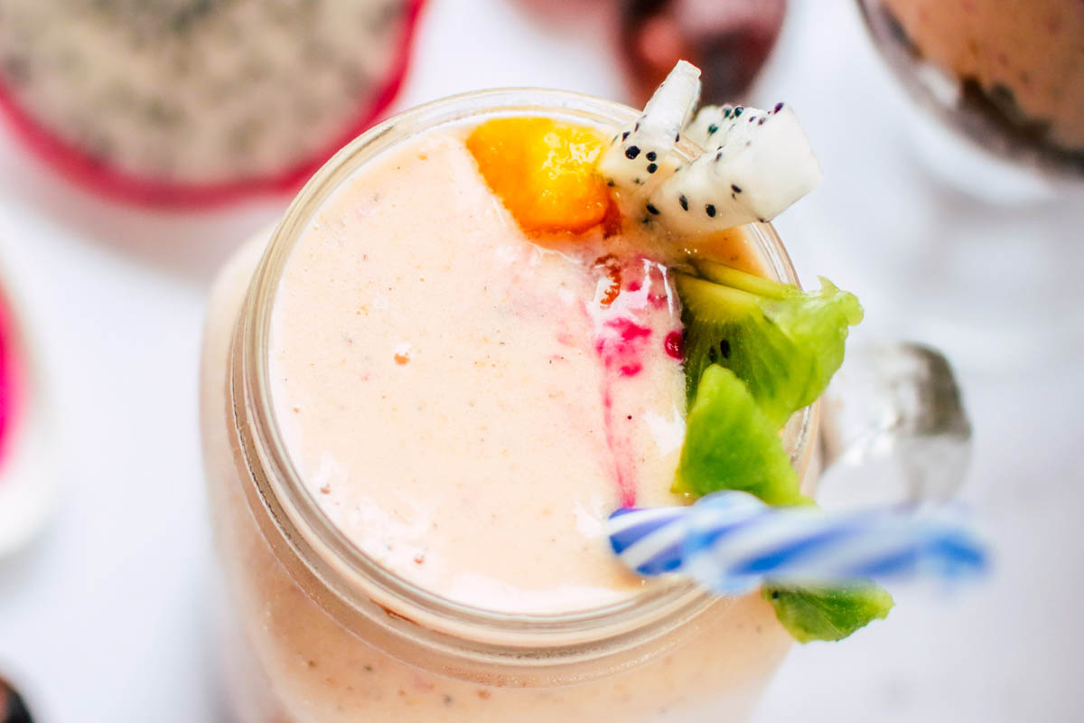 top view of pink parfait in a glass.